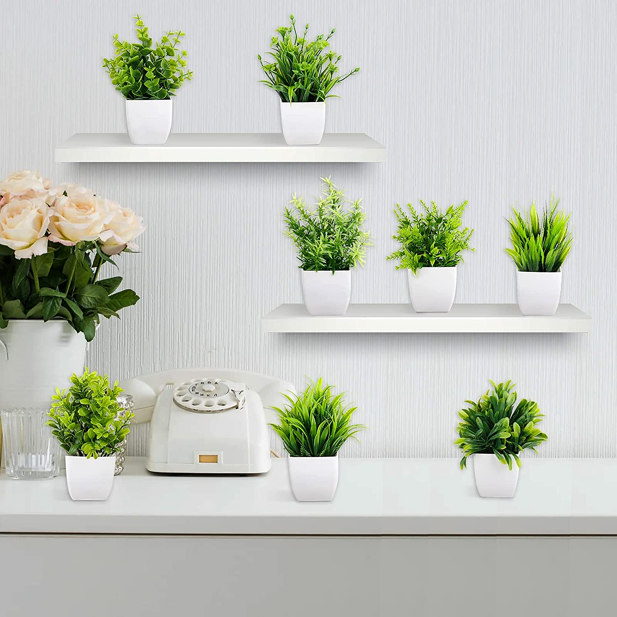 Dekorly Artificial Potted Plants, Artificial Plastic Eucalyptus Plants Small Indoor Potted Houseplants, Small Faux Plants for Home Decor Bathroom Office Farmhouse (Set 0F 8)