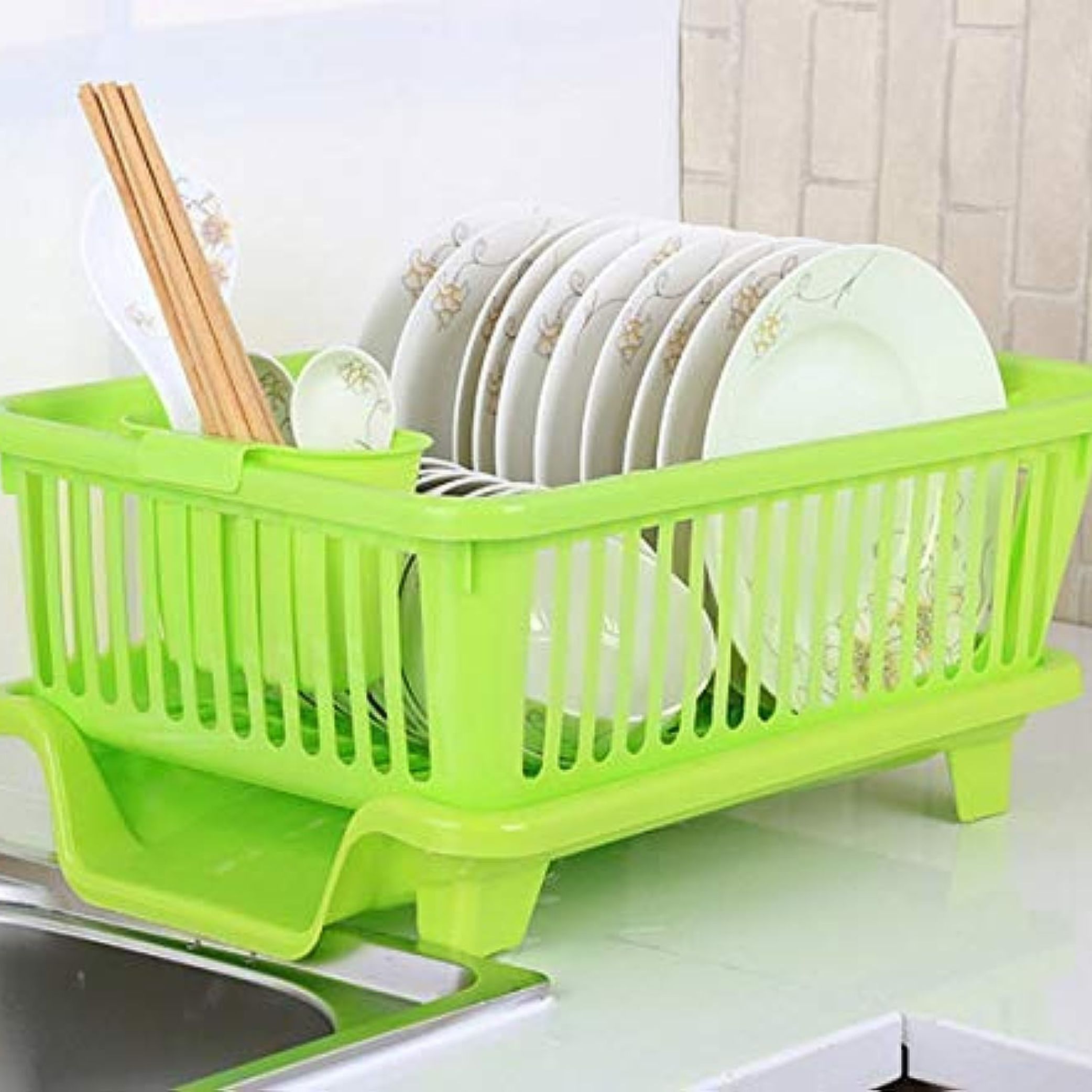 TEKCOOL Plastic Durable Kitchen Drainer Dish Rack Organizer/Drying Tray, Dish Rack with Drying Tray (Green, 45 x 32 x 18 cm, Green)