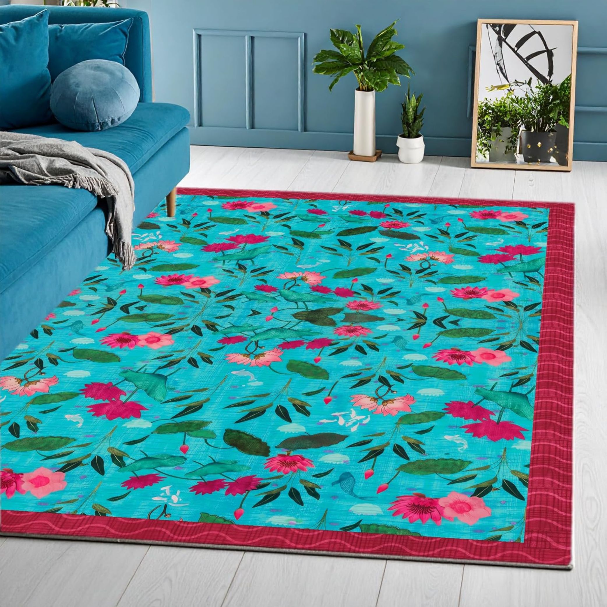 ishro home 3 x 5 Feet 3D Jet Multi Printed Carpet Rug Runner and Carpets for Bedroom/Living Area/Home with Anti Slip Backing (Lotus Lagoon, 3x5 fts)