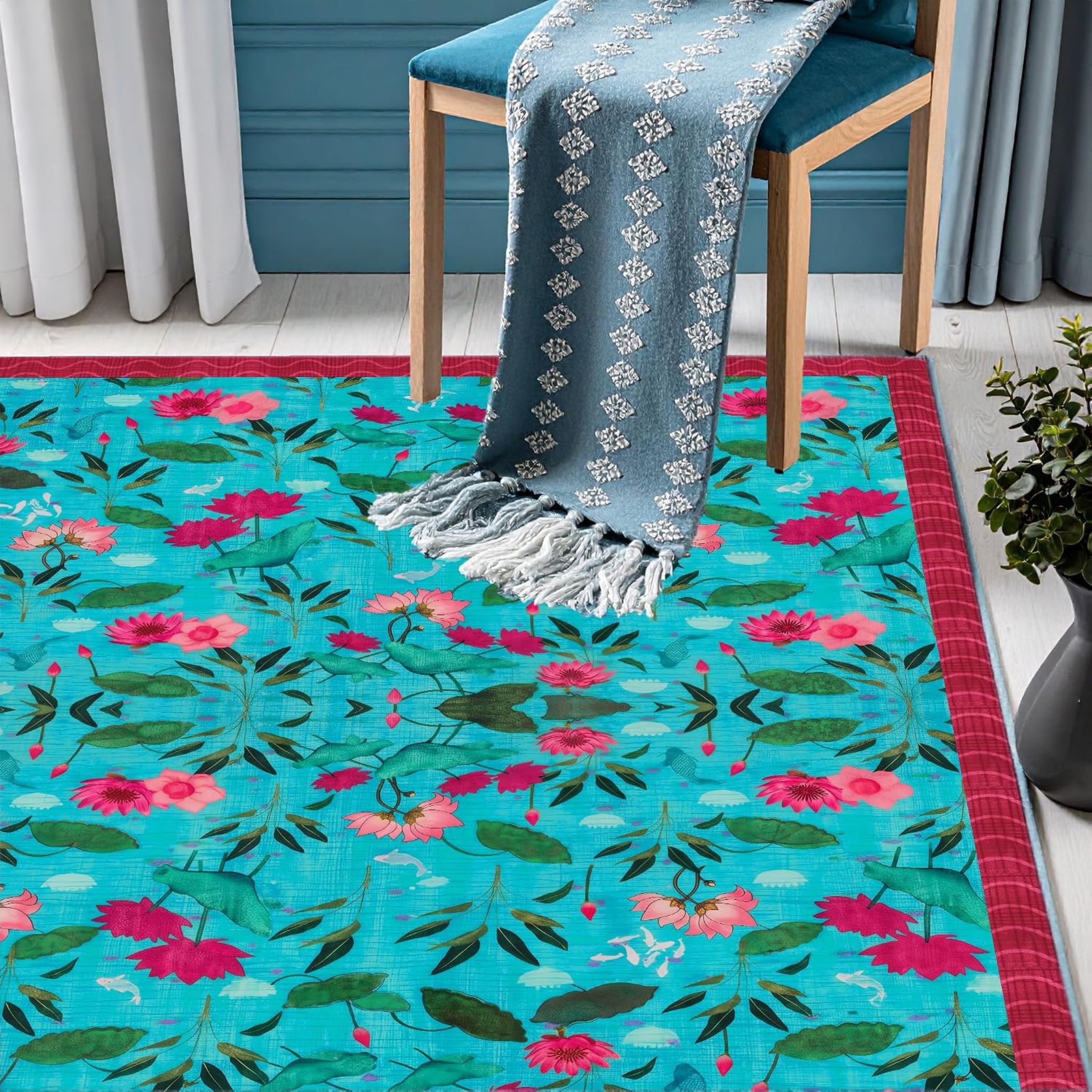 ishro home 3 x 5 Feet 3D Jet Multi Printed Carpet Rug Runner and Carpets for Bedroom/Living Area/Home with Anti Slip Backing (Lotus Lagoon, 3x5 fts)