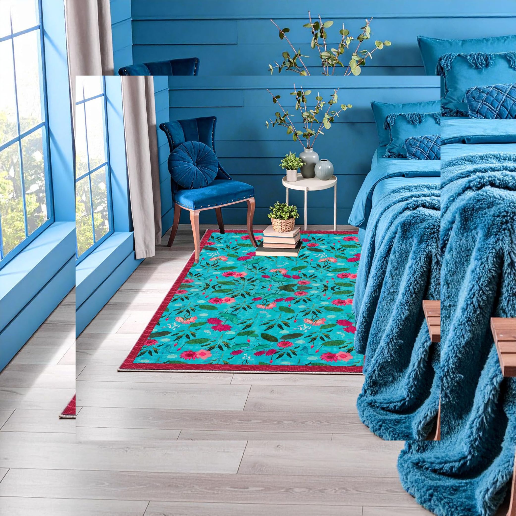 ishro home 3 x 5 Feet 3D Jet Multi Printed Carpet Rug Runner and Carpets for Bedroom/Living Area/Home with Anti Slip Backing (Lotus Lagoon, 3x5 fts)