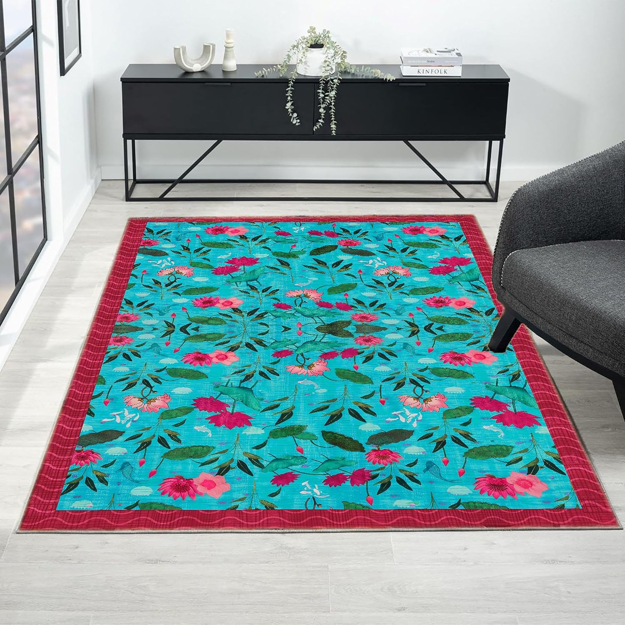 ishro home 3 x 5 Feet 3D Jet Multi Printed Carpet Rug Runner and Carpets for Bedroom/Living Area/Home with Anti Slip Backing (Lotus Lagoon, 3x5 fts)