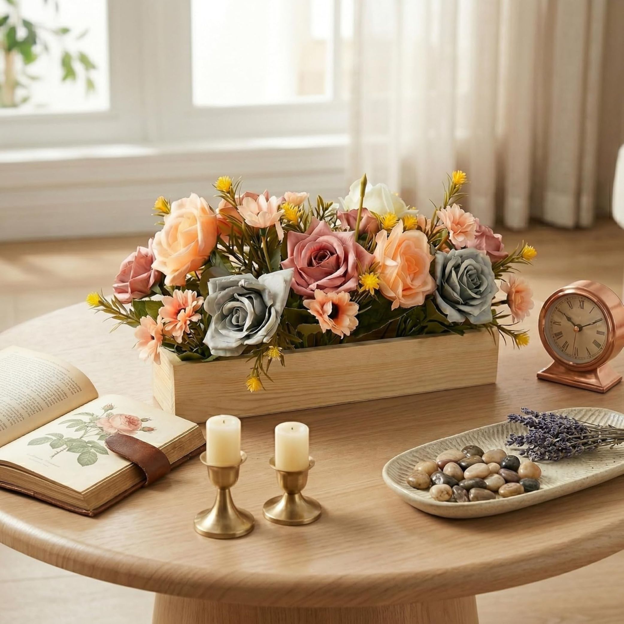 Dekorly rArtificial Rose Flower Arrangement with Wooden Plante(24 CM) | Premium Realistic Floral Decor for Table & Living Room | Stylish Indoor Decor for Living Room