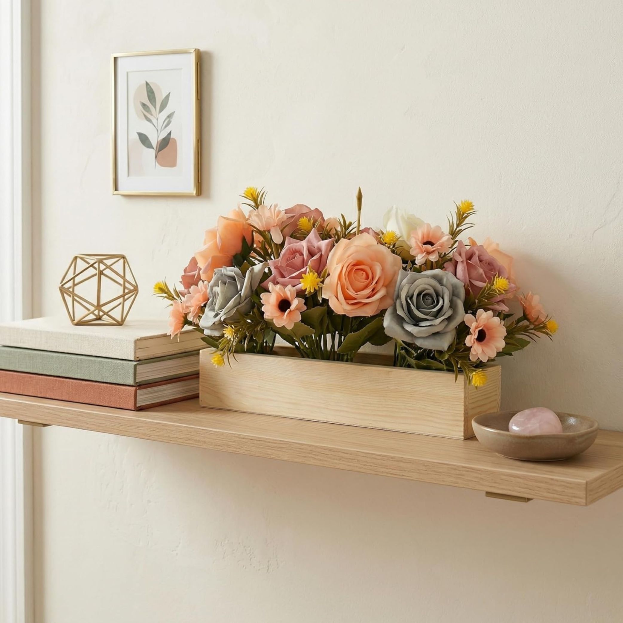 Dekorly rArtificial Rose Flower Arrangement with Wooden Plante(24 CM) | Premium Realistic Floral Decor for Table & Living Room | Stylish Indoor Decor for Living Room