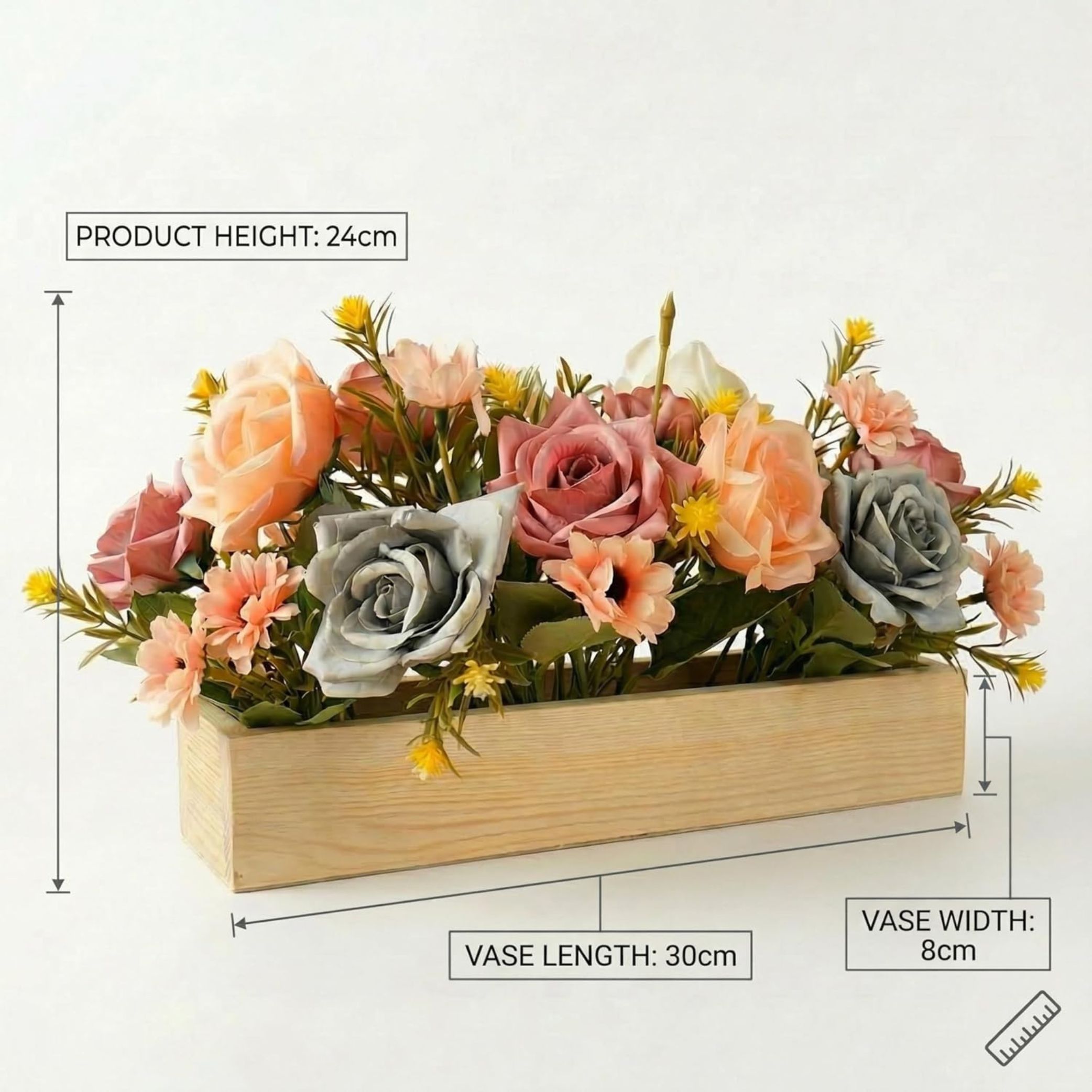 Dekorly rArtificial Rose Flower Arrangement with Wooden Plante(24 CM) | Premium Realistic Floral Decor for Table & Living Room | Stylish Indoor Decor for Living Room