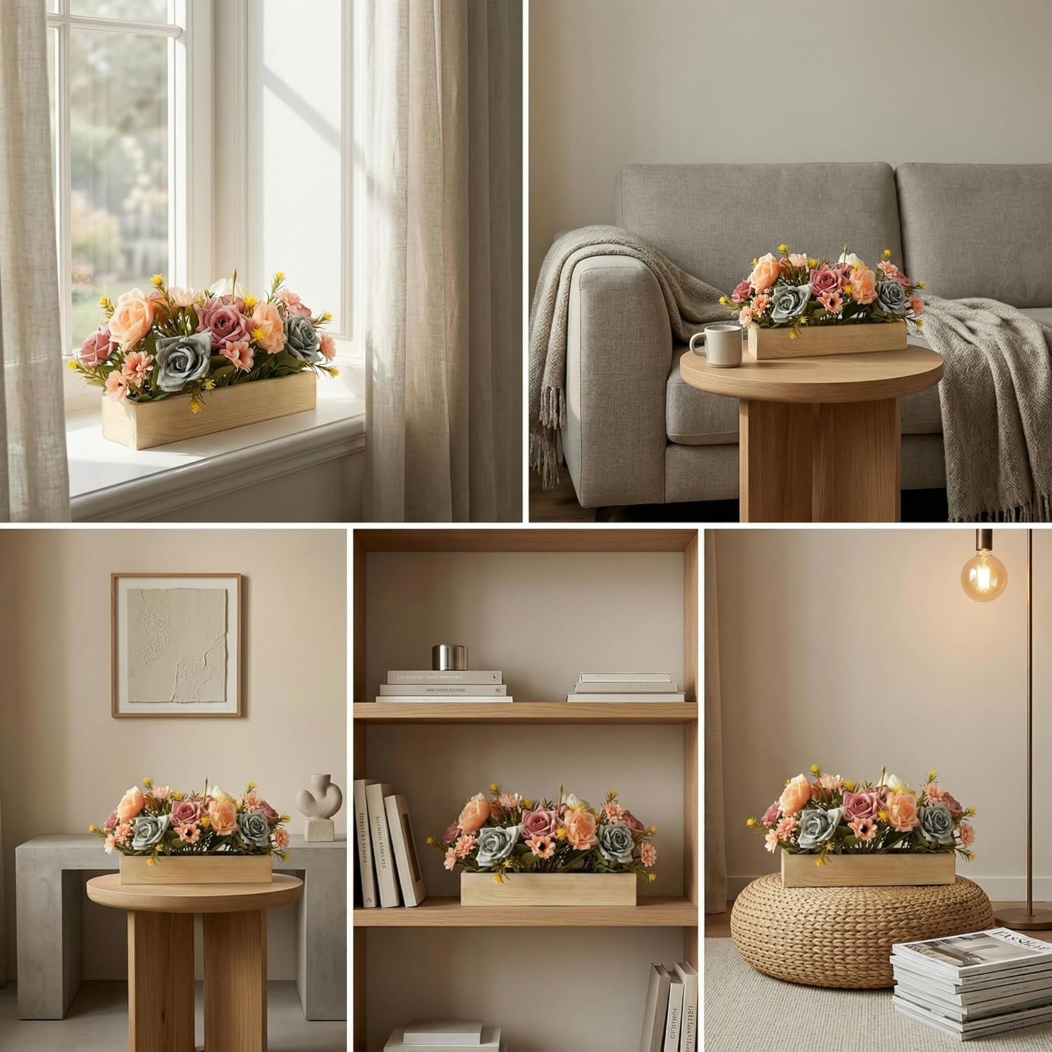 Dekorly rArtificial Rose Flower Arrangement with Wooden Plante(24 CM) | Premium Realistic Floral Decor for Table & Living Room | Stylish Indoor Decor for Living Room