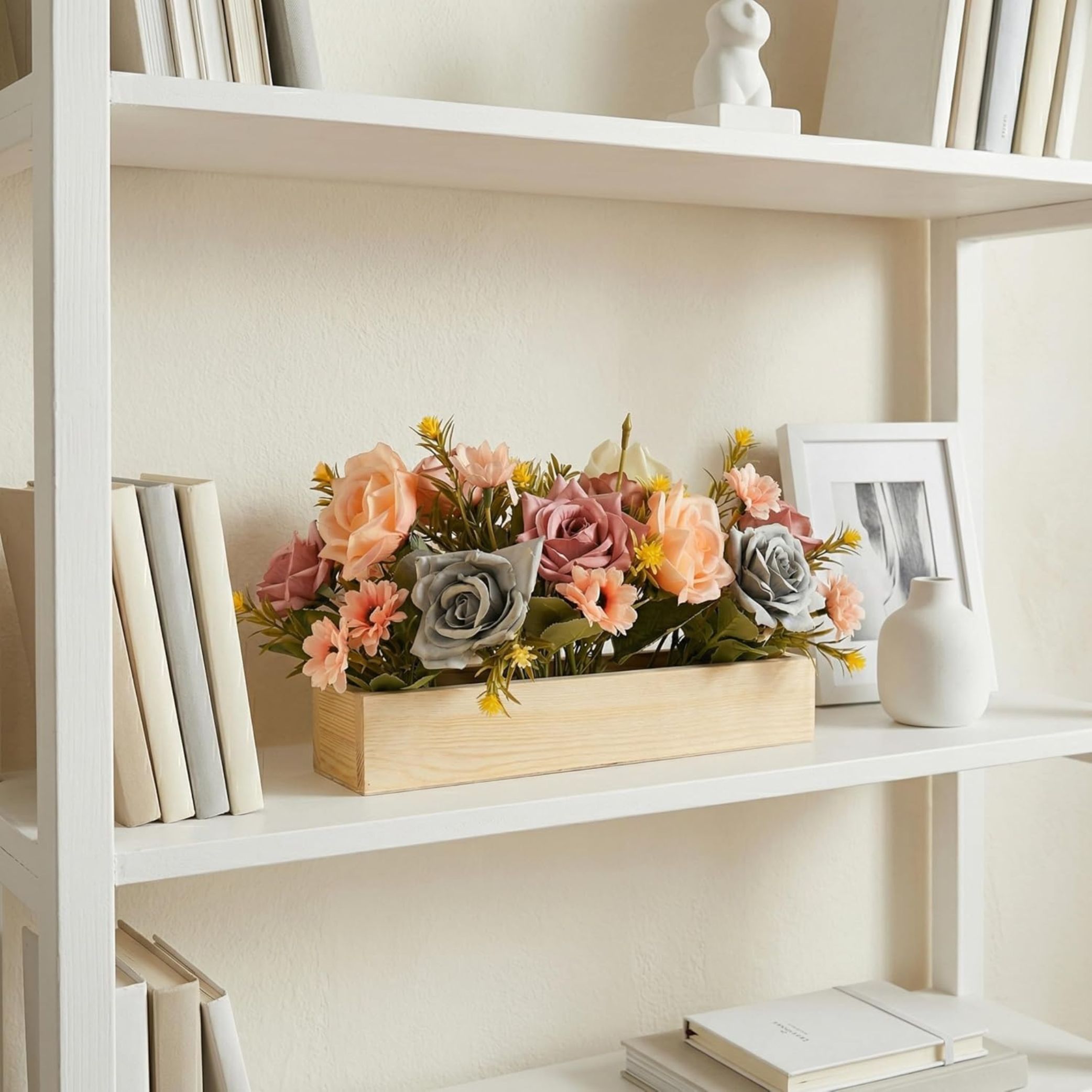Dekorly rArtificial Rose Flower Arrangement with Wooden Plante(24 CM) | Premium Realistic Floral Decor for Table & Living Room | Stylish Indoor Decor for Living Room